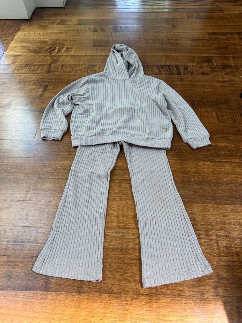 H&M Kids Ribbed Hoodie & Wide-Leg Set - Light Taupe